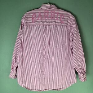 Gap X Barbie Womens XS Adult Organic Cotton Stripe Big Shirt Pink Oversized